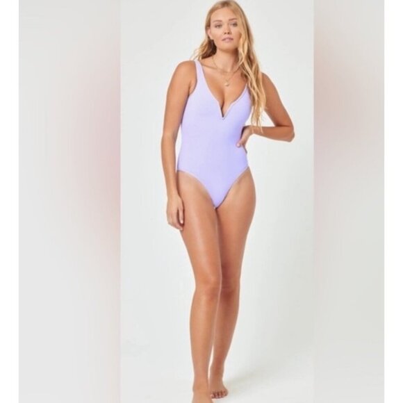 L*Space Coco One Piece Swimsuit XS NWT Lilac Plunge V Neck One Size Stretchy - Picture 1 of 7